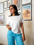 Women summer pajama set White Tee + Teal X White Stripes Pants